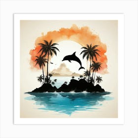 Boho art silhouette of an island with dolphins Art Print