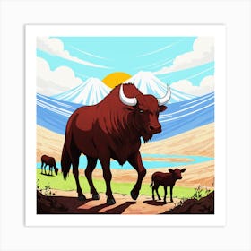 Bison And Calf Art Print