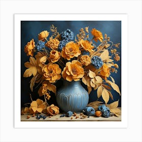 Still Life Ocher And Blue Autumn Flowers Art Print 1 Art Print