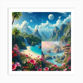 Beautiful Landscape With Waterfall And Flowers Art Print