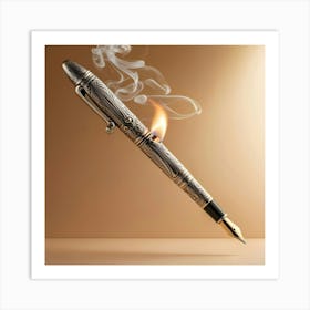 A Vintage Inspired, Ornate Pen With An Intricately Carved Antique Silver Body And A Delicate Clip, Transformed Into A Functional Lighter, Suspended In Mid Air Against A Warm, Beige Background Art Print