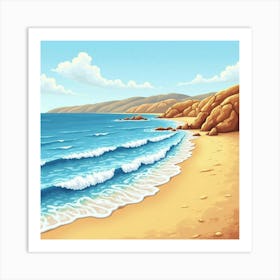 Spanish Coastline With Watercolor Waves And Golden Beaches Art Print