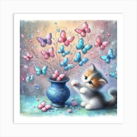 Kitten With Butterflies Art Print