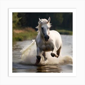 White Horse Running In Water 3 Art Print