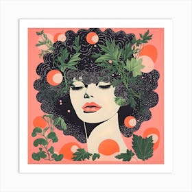 Risograph Style Modern Illustration, Botanical Afro Woman 4 Art Print