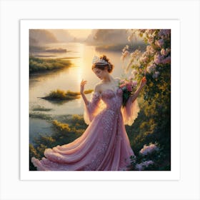 Sunset Harmony Graceful Woman In Pink Dress, Oil Painting (3) Art Print