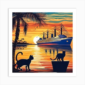 Sunset With Cats And Ship Art Print