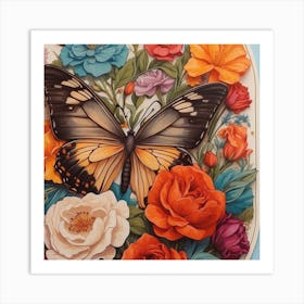 Butterfly And Roses Art Print