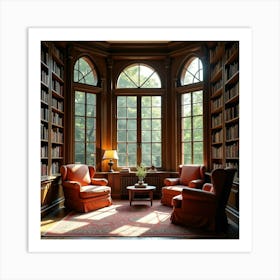 A Cozy English Library With Large Windows, Bookshelves, And Comfy Armchairs 1 Art Print