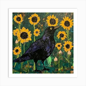 Crow In Sunflowers Art Art Print