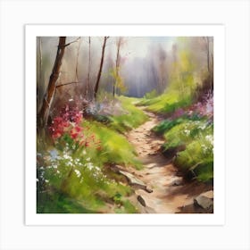 Path In The Woods.A dirt footpath in the forest. Spring season. Wild grasses on both ends of the path. Scattered rocks. Oil colors.20 Art Print