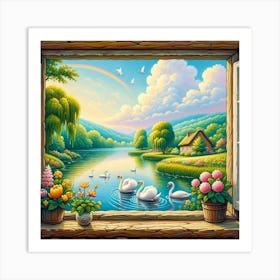 Swans By The Window Art Print