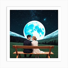 Couple Sitting On A Bench Under The Moon 3 Art Print