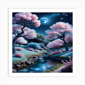 Sakura Trees At Night Art Print