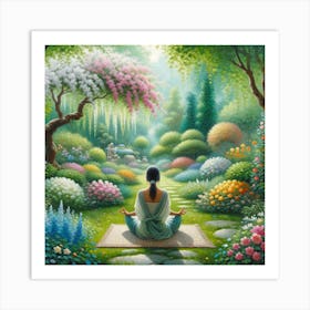 Peaceful Meditation Wall Print Art A Serene Depiction Of A Woman Meditating In A Tranquil Garden, Perfect For Creating A Calming Atmosphere In Any Space Art Print