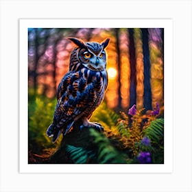 Tiger Owl at Sunset with Woodland Ferns and Wildflowers Póster