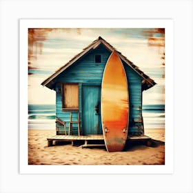 Beach House With Surfboard Art Print