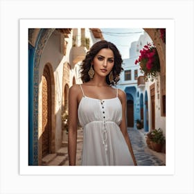 Beautiful Woman In White Dress, Tunis Street Sidi Bou Said Art Print