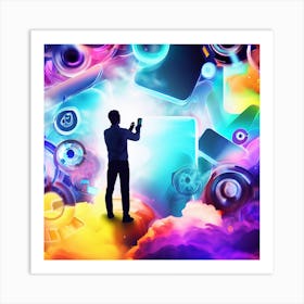 Man Standing In Front Of Colorful Cloud Future Of Mobile Applications Development In Colorful Dreaming Life Art Print