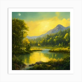 Sunset Over The River And Forest In Spring Season Art Print