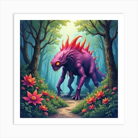 Monster In A Colorful Watercolor Jungle, Vivid And Eerie 1 Art Print