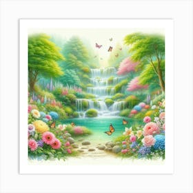 Waterfall With Butterflies 1 Art Print