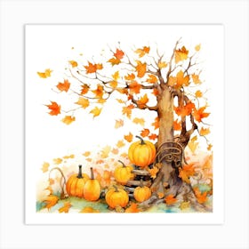 Tree And Pumpkins Art Print