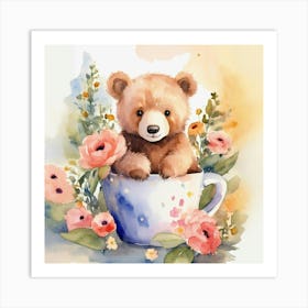 Watercolor Teddy Bear In A Cup style water color Art Print