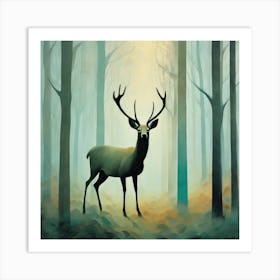 Deer in Misty Forest Series. Style of Hockney. 1 Art Print