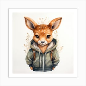 Watercolour Cartoon Deer In A Hoodie Art Print