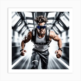 Alpha Male Model Running In High Speed, Wearing Futuristic Sonic Armor Exoskeletons And Vr Headset With Headphones Award Winning Photography With Sports Car, Designed By Apple Studio (2) Art Print