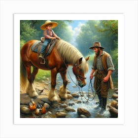 Father And Son By The Stream Art Print