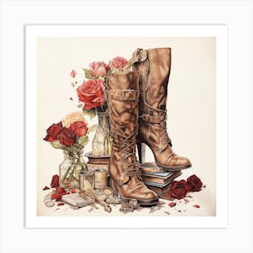 Boots And Roses Art Print