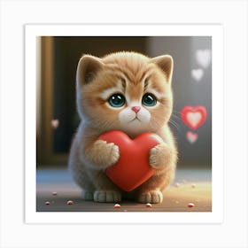 Cute Kitten Holding A Heart Art Print