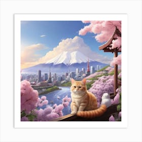 Cat And Cherry Blossoms Art Print