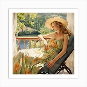 Woman Relaxing On Patio Art Print