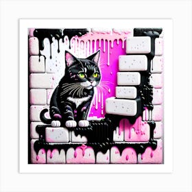 3D, Black Cat With Pink Drips Art Print
