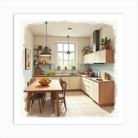 Modern And Cozy Kitchen, Watercolor Painting, Warm Shades 1 Art Print