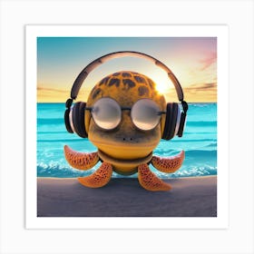 Turtle With Headphones 1 Art Print