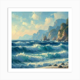 Seashore And Cliff, Acrylic Painting Style Art Print