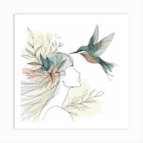 Beauty Side Sketch With Flowers And Hummingbird And Some Colors - Line Sketch Drawing Art Print