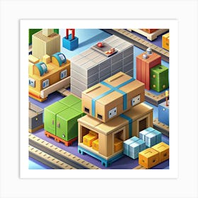 Warehouse Interior With Stacked Boxes And Conveyors Art Print