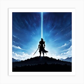 Shadow Of The Warrior, A Silhouette Of A Warrior Standing Tall On A Battlefield With A Serene Background Signifying Inner Art Print