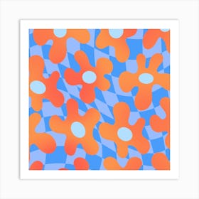 Flowers Orange Blue Checker Square Art Print