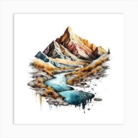 Watercolor Of Mountains And River 3 Art Print