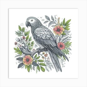 Line Art grey parrot 3 Art Print