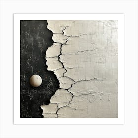  'Divided Harmony', an art piece that speaks to the beautiful imperfection of wabi-sabi philosophy. This striking work contrasts a rugged, cracked white surface with a smooth, spherical form, nestled in a dark, textured recess.  Wabi-Sabi Art, Textured Contrast, Minimalist Imperfection.  #DividedHarmony, #WabiSabi, #TexturedArt.  'Divided Harmony' is an embodiment of beauty in asymmetry, offering a profound visual statement that embraces the authenticity of natural decay. It's an ideal choice for spaces that resonate with the idea of finding perfection in imperfection, adding depth and a contemplative dimension to minimalist design. Art Print