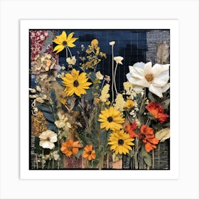 Collaged Flowers, Eclectic collage with vibrant dried flowers and textured backgrounds of fabric swatches, handwritten notes, and sheet music Art Print