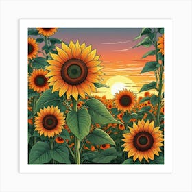 A Vibrant Field Of Sunflowers Stretching Towards The Horizon Under A Bright Sun A Poster Of Sunflowers In A Field With The Sun In The Background (2) Art Print