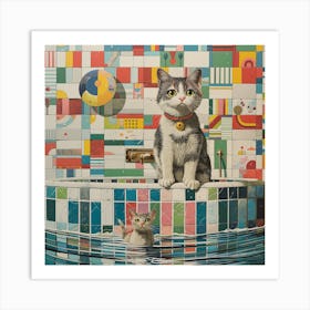 Cat In The Pool 2 Art Print